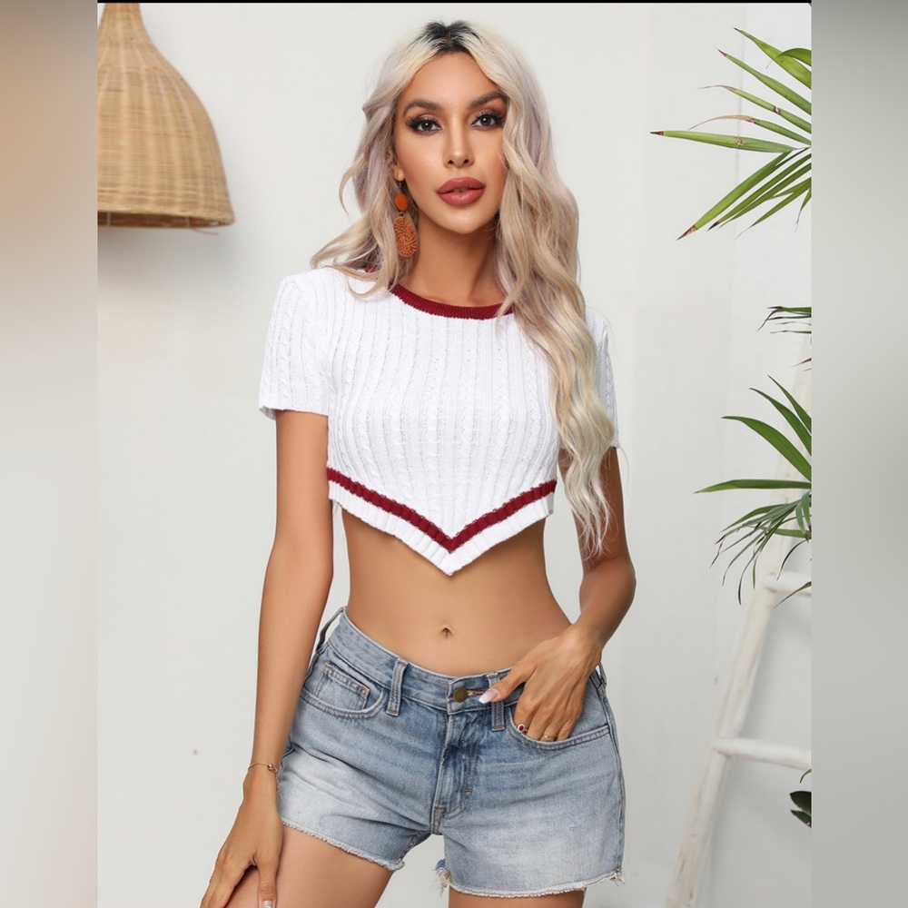 Contrast Round Neck short sleeve cropped knit top - boutique- small